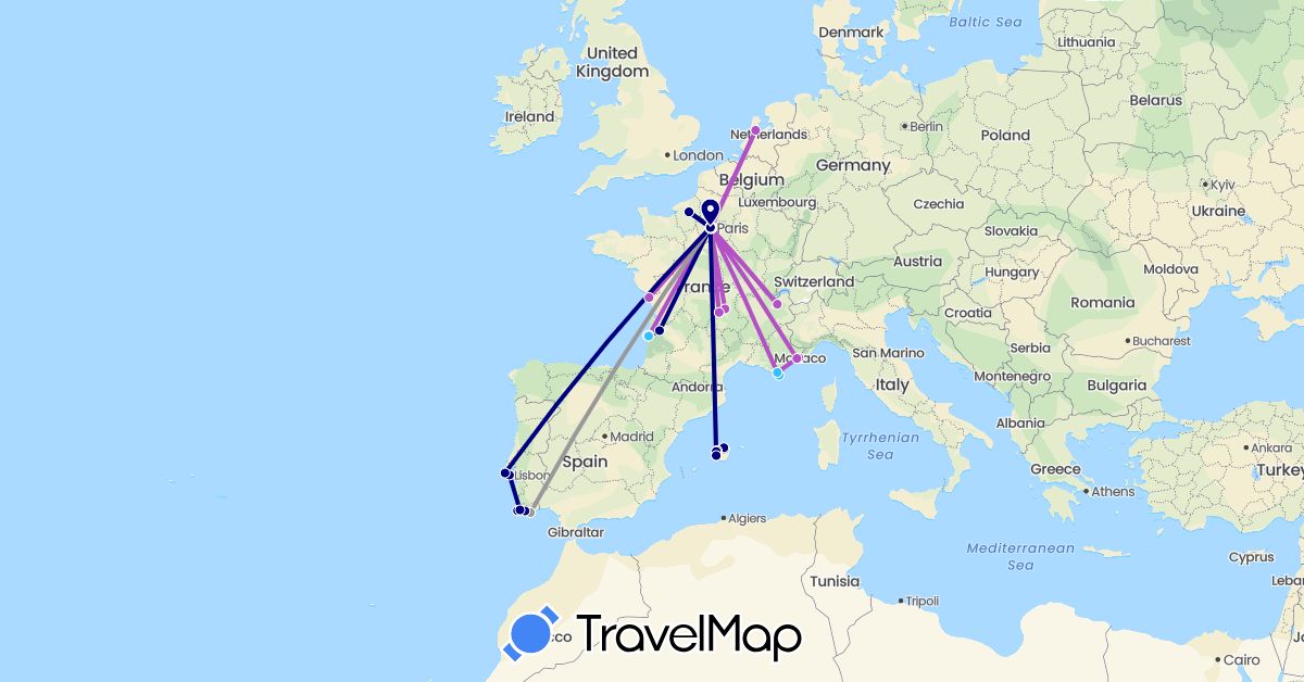 TravelMap itinerary: driving, plane, train, boat in Spain, France, Netherlands, Portugal (Europe)